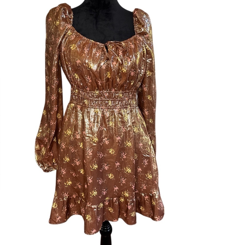 PAIGE Metallic Silk Blend Puff Sleeve Mini Dress Gold Bronze Ruffle Hem - Picture 8 of 10